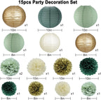 zilue Sage Green Party Decorations, Sage Green Paper Lanterns and Pom Poms Flowers for Birthday Party Baby Shower Wedding Shower Decor Gold/Ivory/Sage Green 15pcs