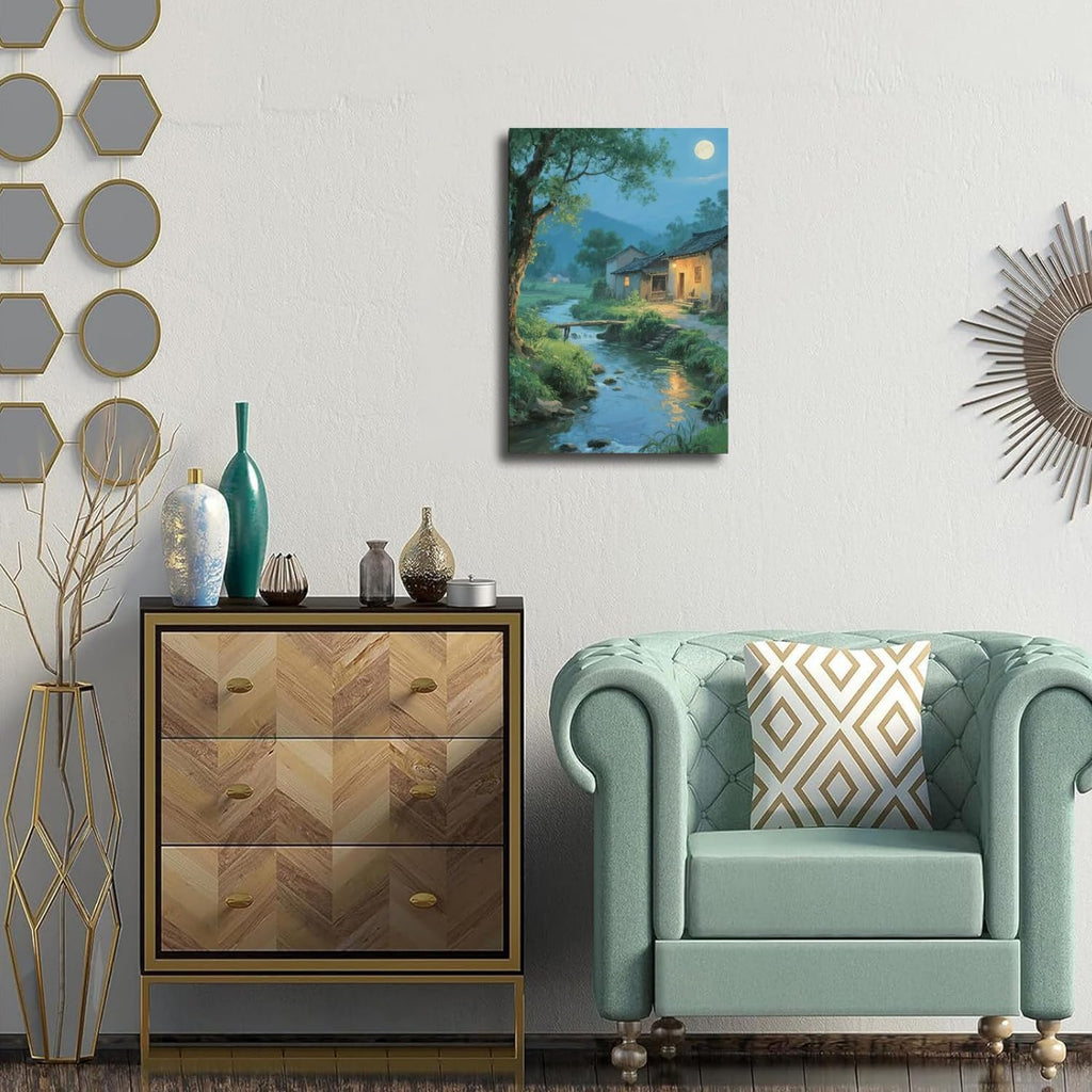 Moonlight under the big tree creek cabin scenery is suitable for posting in the living room bedroom office scenery poster wall painting