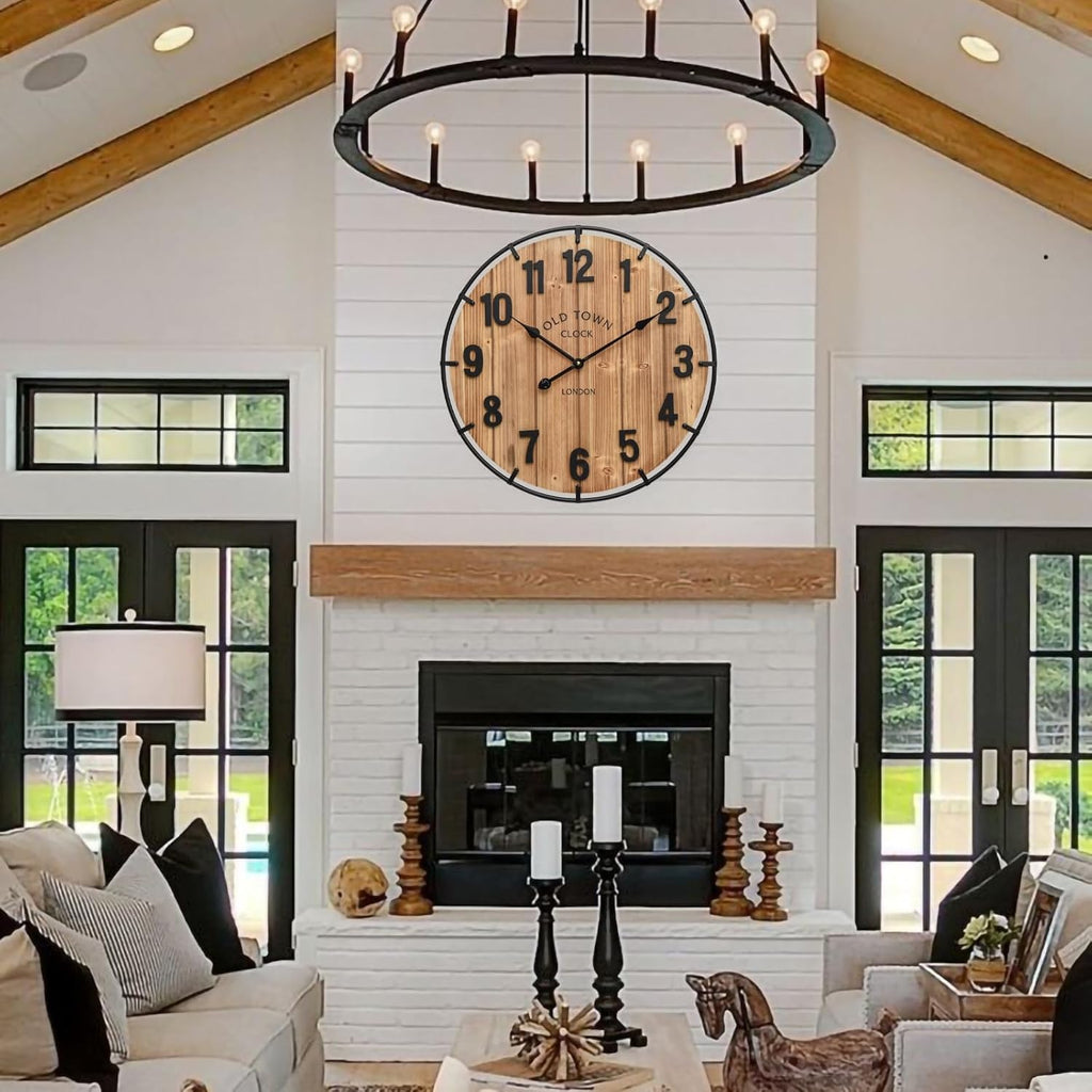 Large Old Town Farmhouse Wall Clock 24 Inch Rustic Antique Wood with Metal Circle and Large Numerals Silent Battery Operated Wall Clock for Office Kitchen Bedroom Living Room