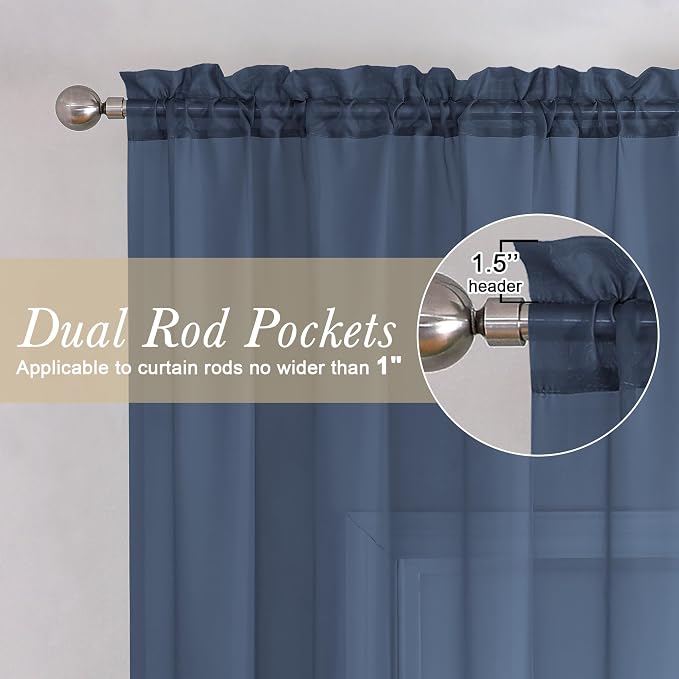 Navy Blue Sheer Curtains 120 Inches Long 2 Pcs, Solid Voile Light Filtering Rod - Image 6