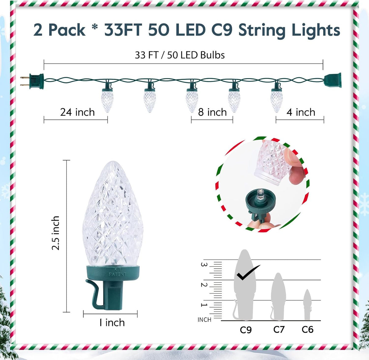 Brightown C9 LED Christmas String Lights, 2 Pack - 33ft 50 LED Waterproof Strawberry String Lights, Extendable Green Wire Lights String for Outdoor Indoor Patio Party Decoration (Warm White)