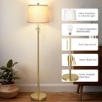 Gold Floor Lamp for Living Room 55-65" Adjustable Modern Brass Standing Lamp with Pull Chain Tall Pole Light with Beige Shade for Bedroom Reading Office Corner Nursery 9W LED Bulb Included 3 ColorTemp