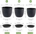 9/8/7.5 inch Plant Pots, Set of 3 Modern Decorative Plastic Planters with Drainage Holes and Saucer for Garden House Plants, Flower Pots for Indoor Outdoor Plants, Speckled Black