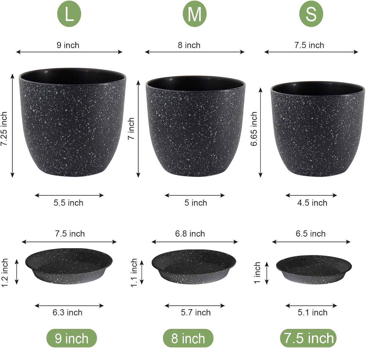 9/8/7.5 inch Plant Pots, Set of 3 Modern Decorative Plastic Planters with Drainage Holes and Saucer for Garden House Plants, Flower Pots for Indoor Outdoor Plants, Speckled Black