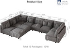 LLappuil Large Modular Sectional Sofa with Storage Seats, Corduroy U-Shaped Convertible Couch for Living Room, 10-Seat Grey Sofa Set with 10 Back Cushions & 10 Throw Pillows