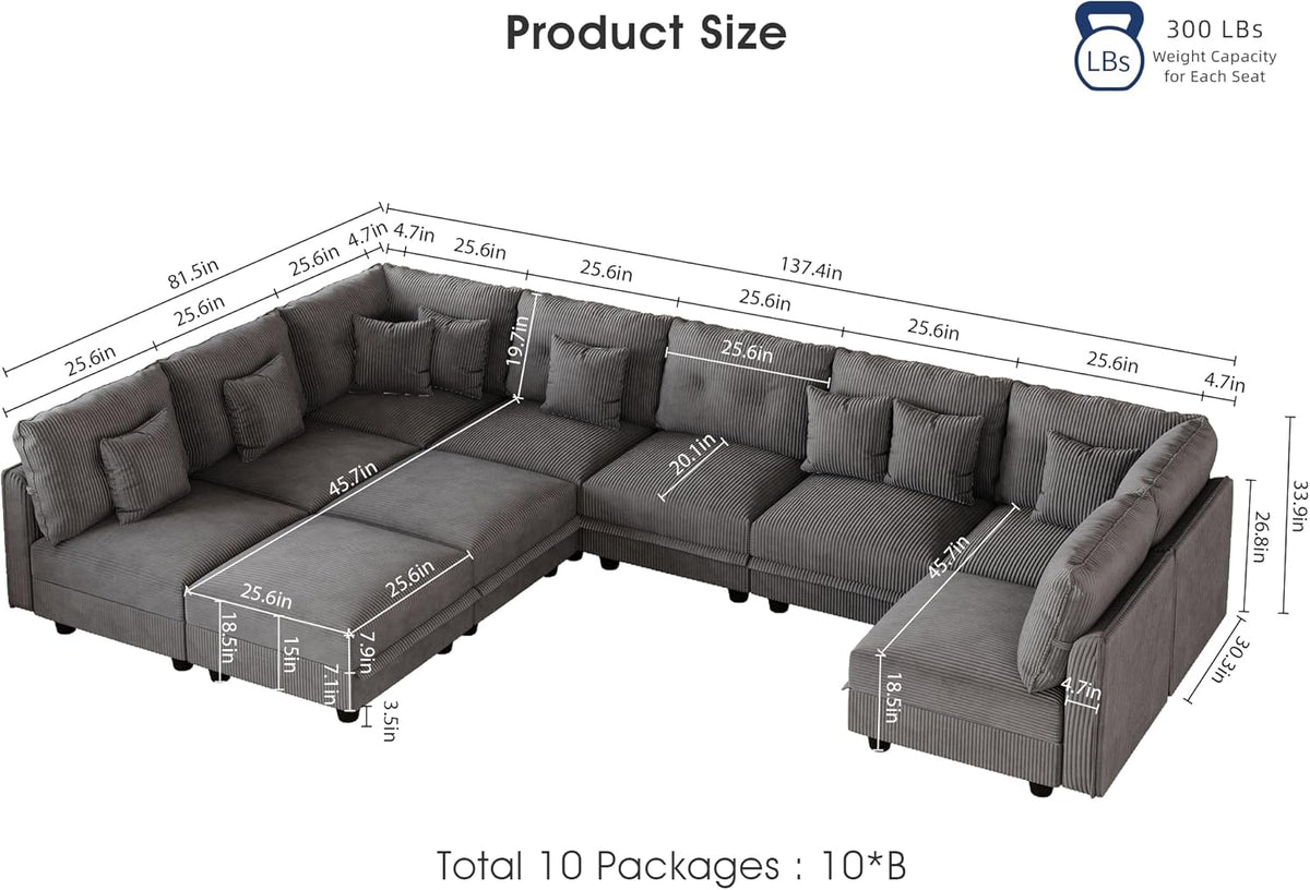 LLappuil Large Modular Sectional Sofa with Storage Seats, Corduroy U-Shaped Convertible Couch for Living Room, 10-Seat Grey Sofa Set with 10 Back Cushions & 10 Throw Pillows