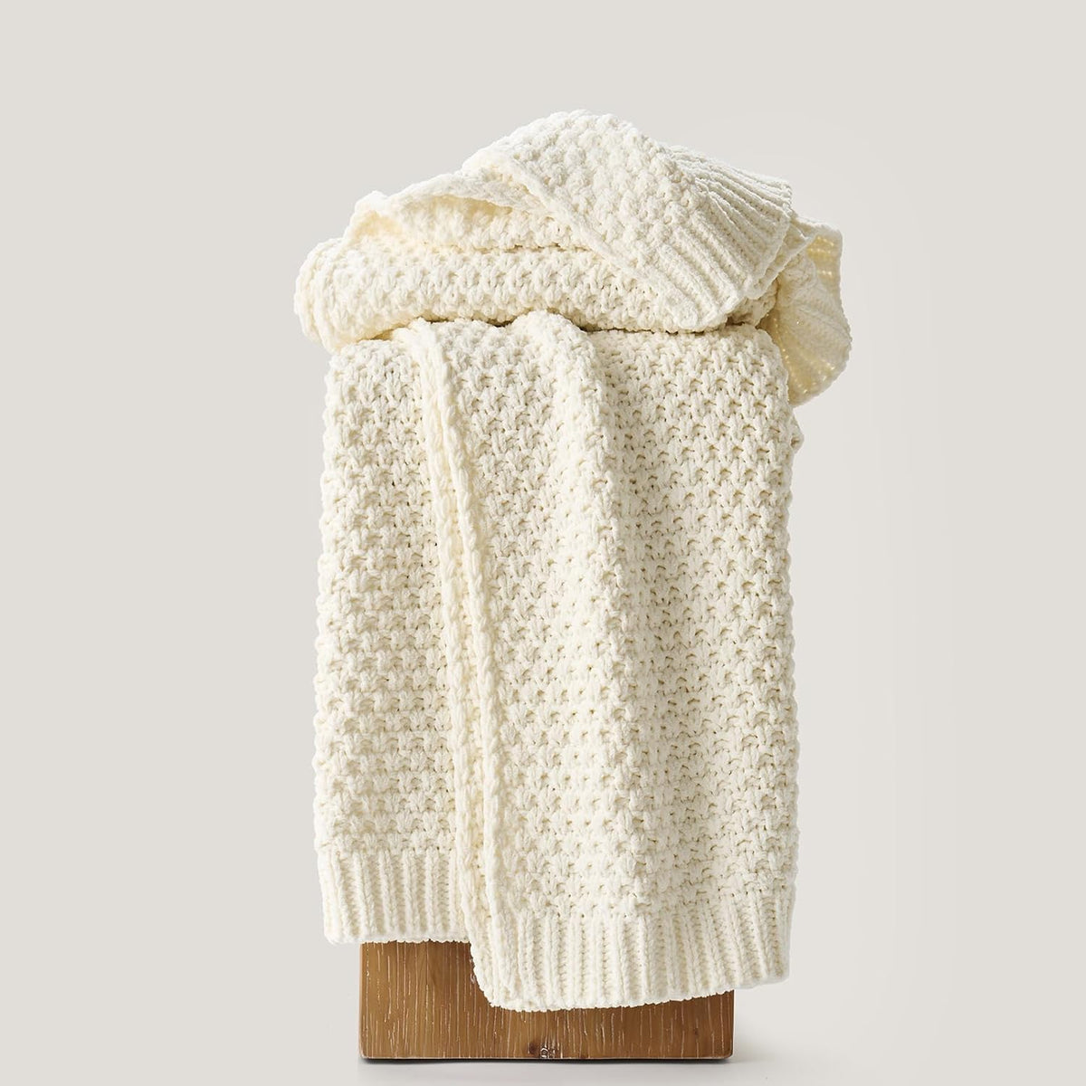 Chunky Chenille Knit Throw Blanket for Couch, Soft Luxurious Moss Stitch Blankets for Bed, Cozy Decorative Farmhouse Knitted Throws for Sofa, Ivory White, 60" x 80"