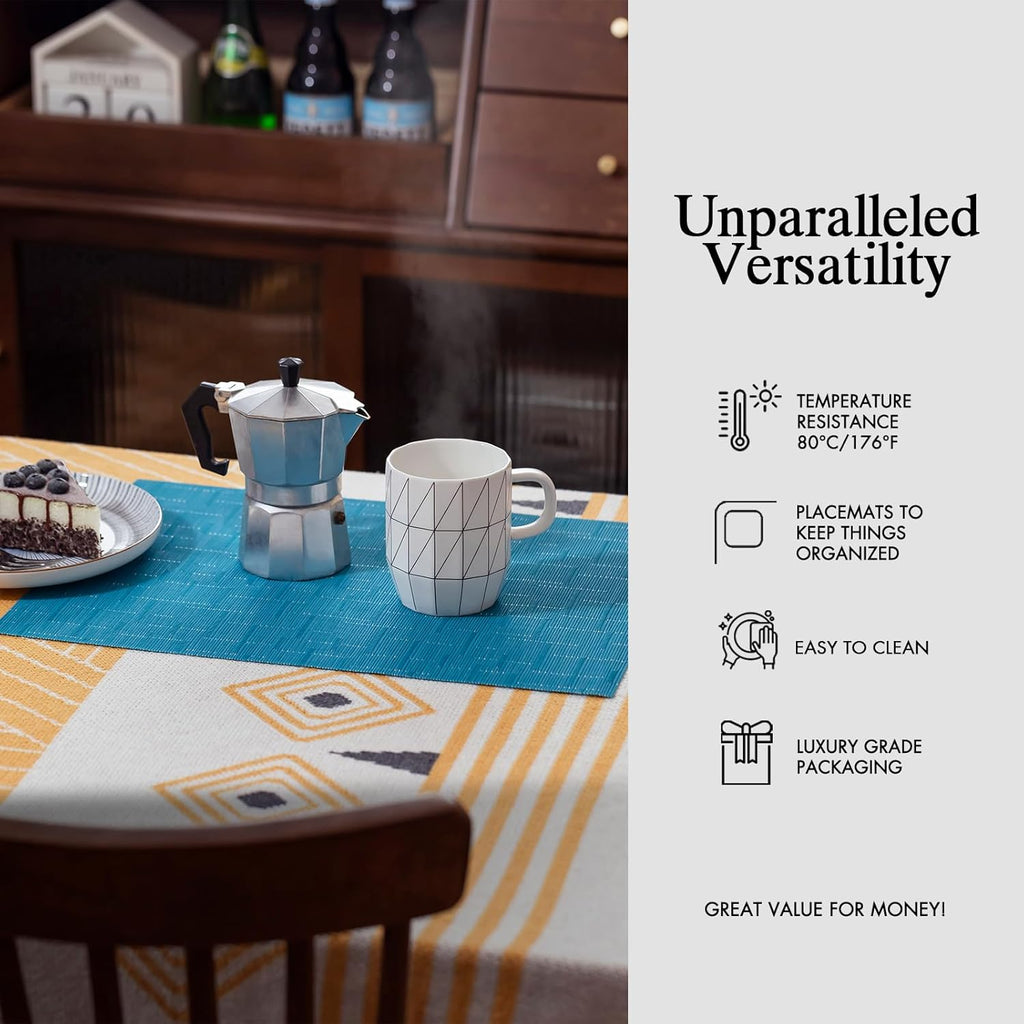 Placemats Set of 8 - Easy Clean Woven Vinyl Placemats for Dining Table, Indoor/Outdoor Place Mats, Washable PVC Table Mats（Teal Blue）