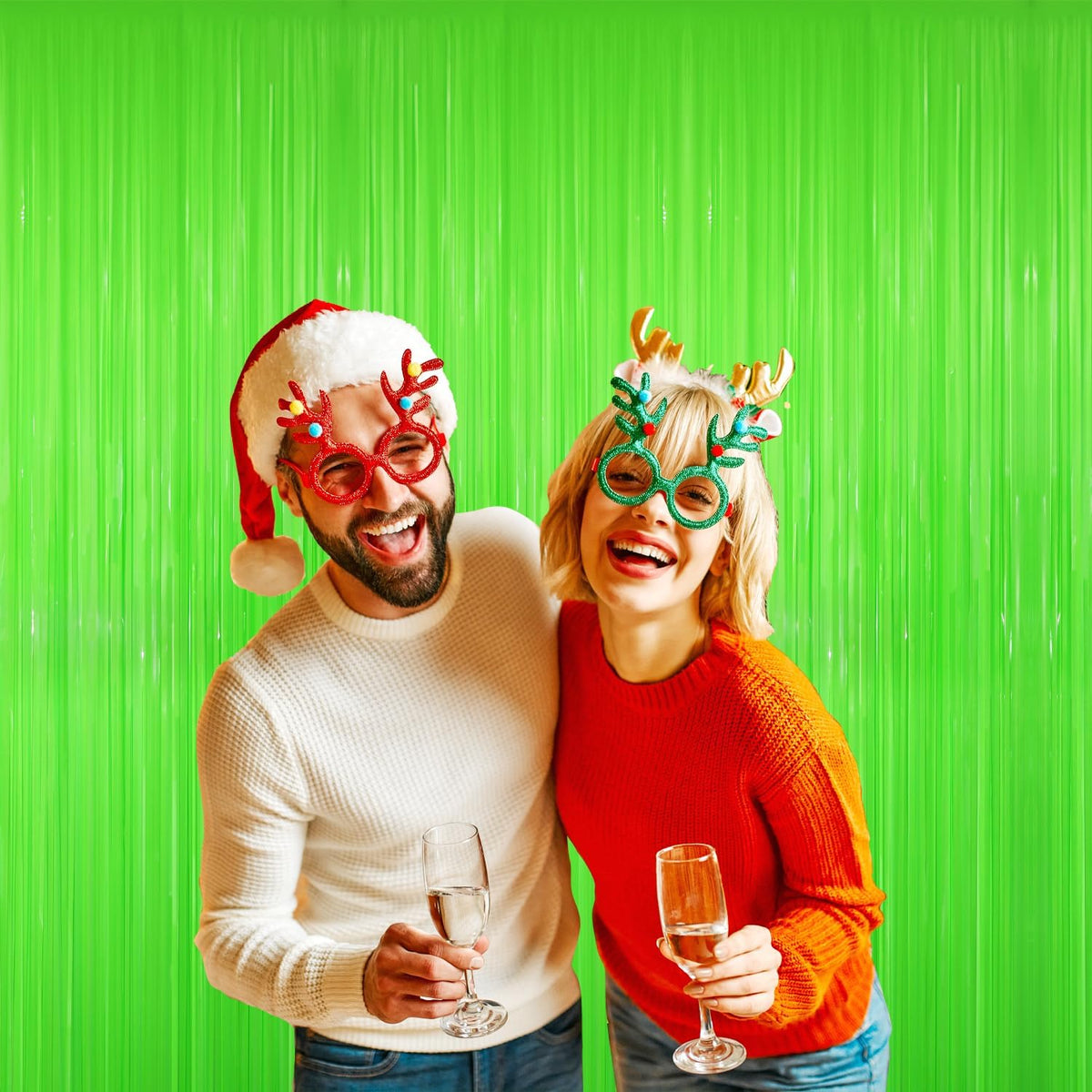 GOER 6.4 ft x 8.2 ft Metallic Tinsel Foil Fringe Curtains Party Photo Backdrop Party Streamers for Birthday,Graduation,New Year Eve Decorations Wedding Decor(2 Packs,Candy Lime Green)