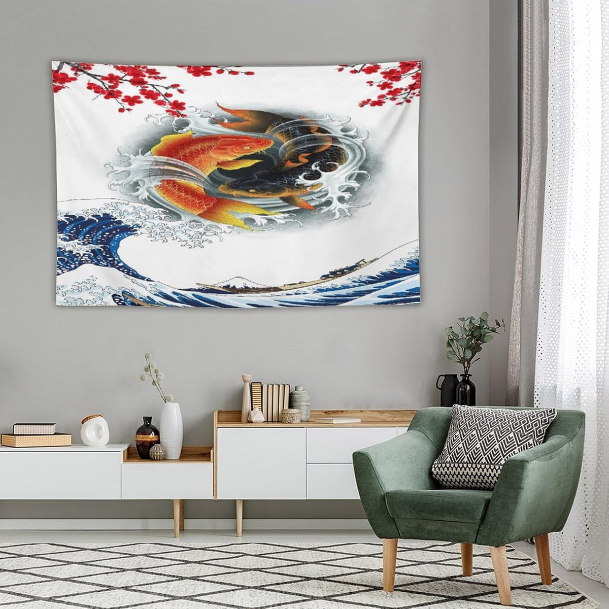 Houselerax Koi Fish Tapestry, Japanese Style Yin Yang Big Wave Cherry Blossoms Tapestries Wall Hanging for Bedroom Living Room Office Decor 90"x60"