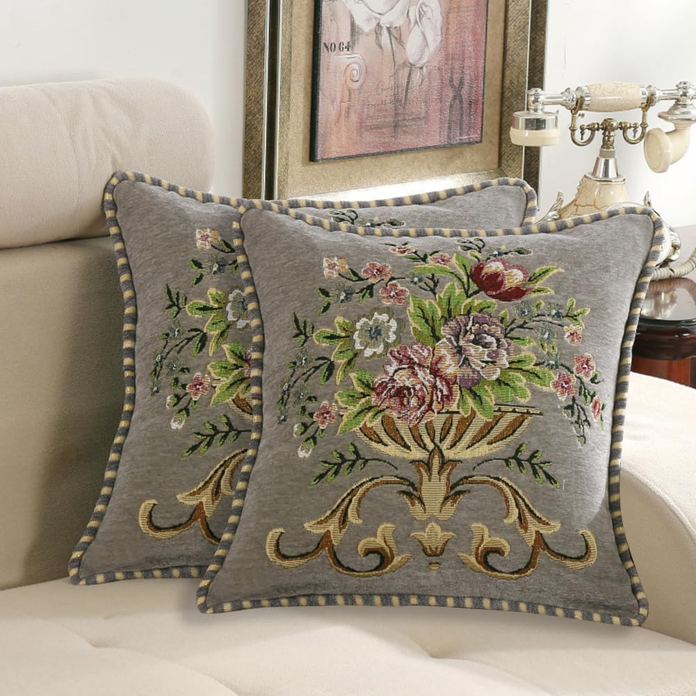 2 Pcs Grey Chenille Vintage Embroidered Throw Pillow Covers 18x18in,Grey Tassel Vintage Pattern Pillow Covers, Floral Embroidered Cushions Covers for Sofa Couch Bed Chairs Car