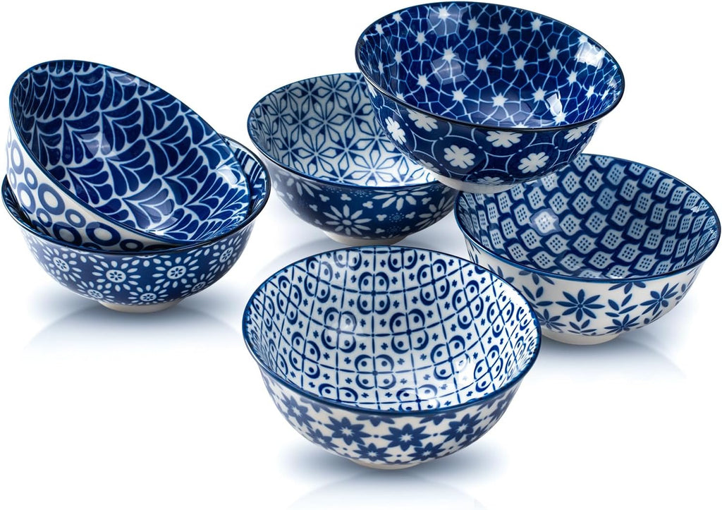 Blue and White Ceramic Bowls Set of 6, 4.7in Small Dessert bowl 10 oz for ice cream, Snack, Porcelain bowl for Dipping,Dishwasher/Microwave safe