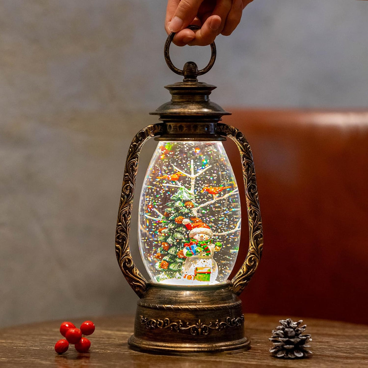 Christmas Snow Globe Lantern Water Glittering Snowman with Christmas Tree, USB Lined/Battery Operated Lighted Lantern for Christmas Festival Decoration Gifts