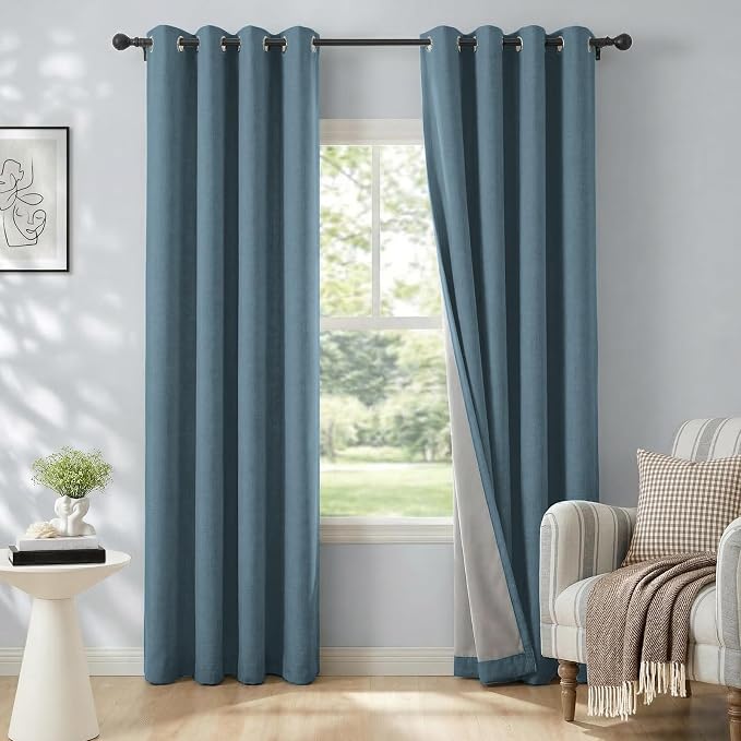 100% Blackout Linen Textured Curtains 72 Inch Long, Stone Blue | 100% Blackout by 100BlackoutShield