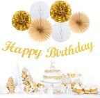 White-Gold Champagne Birthday Party-Decorations Paper-Flowers - 14pcs Happy Banner Engagement Honeycomb Tissue Pom Poms,Women Streamers Garland Beige Fans,21st 18th Girl Hanging Supplies Decor Hugfond