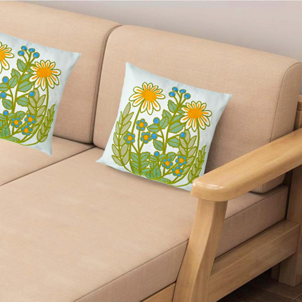Embroidered Decorative Throw Pillow Cover, 18"x18" Set of 2, Farmhouse Pillowcase Daisy Knit Pattern Cotton Canvas Cushion Case Square Floral Pillow Case for Sofa Couch Bed Living Room…