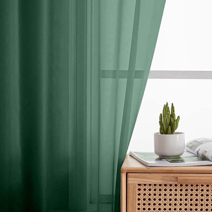 Kitchen Curtains 24 Inch Length Tier 2 Pieces, Hunter Green Sheer Curtain Solid - Image 7