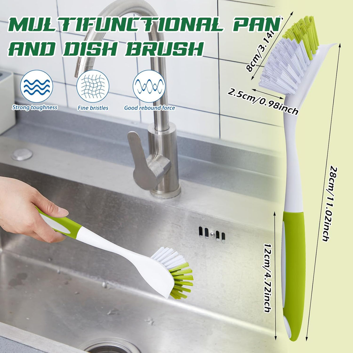 Hsei 20 Pcs Light Green Kitchen Scrub Dish Brush Bulk with 11 Inch Anti Slip Handle Cleaning Dish Scrubber with Stiff Bristles Washing Scrub Brushes for Housekeeping for Pots and Pans, Kitchen Sink