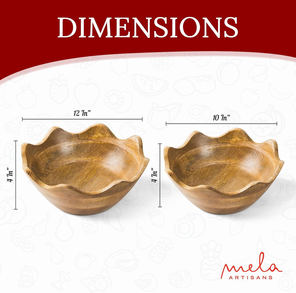 Mela Artisans Wooden Scalloped Bowl - Set of 2, Large & Medium |Mango Wood Natural Grain Finish | 12x4x12” and 10x4x10” | Fits Bread, Fruits, Salad or Popcorn