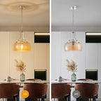 WUZUPS Nickel Chandelier Rustic Farmhouse Industrial Round Ceiling Pendant LED Light Fixture with Amber Glass Shade for Dining Room Kitchen Island Foyer Entryway, H 17" W 13.4", E26 Base