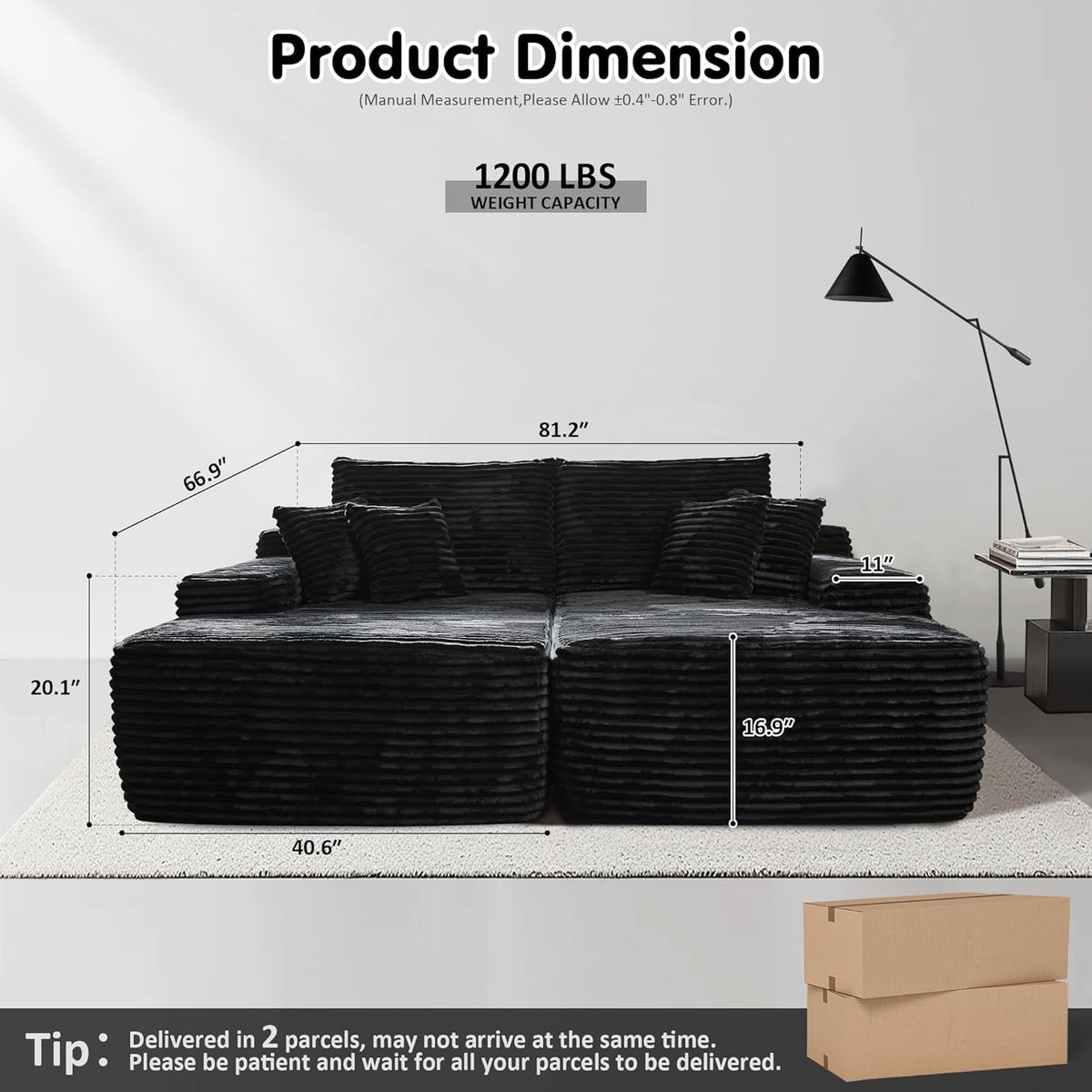 ovios 81" Oversized Sectional Double Lounge Chaise with Cloud Plush Sofa Bed, No Assembly Required, Fluffy Modern Sleeper Loveseat Chair for Indoor Living Room Bedroom Reading, Black (Plush Fabric)