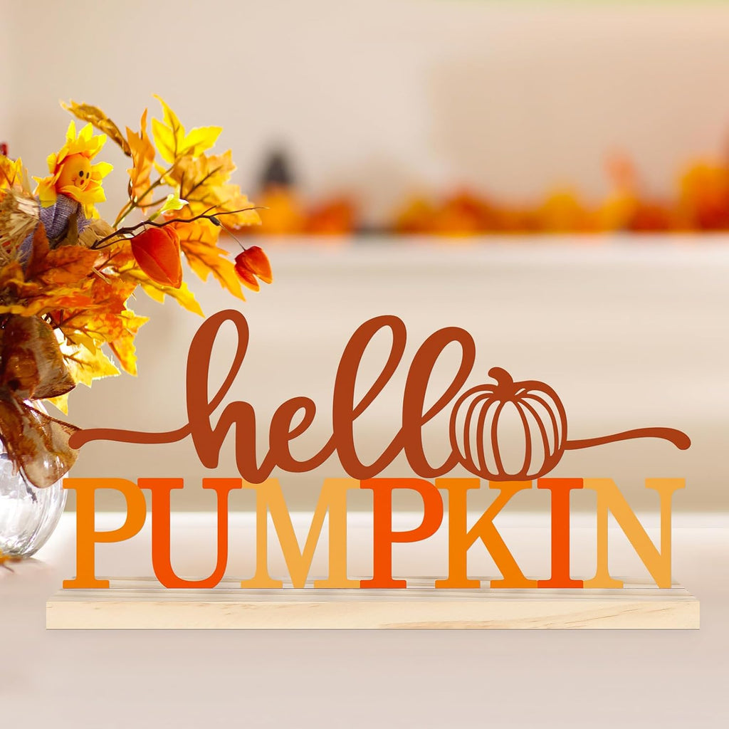 COCHIE Metal Hello Pumpkin Sign, Orange Fall Decorations for Home, Office, Shelf, Mantel, Indoor, Autumn Pumpkin Decoration, Hello Fall Decor (Autumn A)