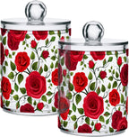 2 Pack Qtip Holder Dispenser Red Rose Flowers Bathroom Storage Canister Lid Acrylic Plastic Apothecary Jar Set Vanity Makeup Organizer for Cotton Swab/Ball/Round Pads, Floss