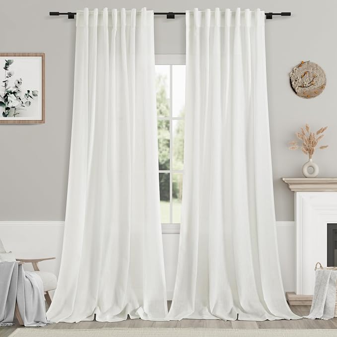 Linen Light Filtering Curtains 96 Inches Long 2 Panels Long Ivory Semi Sheer by Nanspring