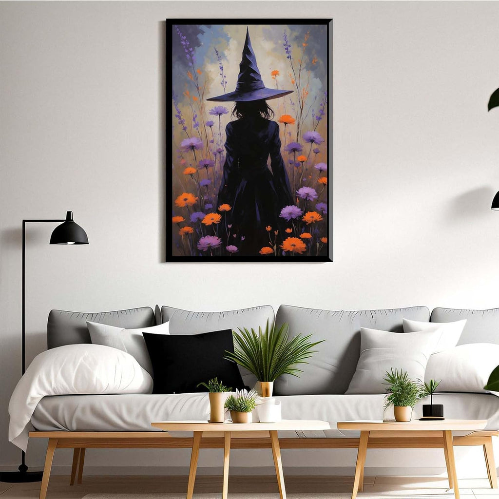 JFHCQJPK Country wildflower witch canvas print halloween mashup art witch purple decoration bohemian elegant art poster24x36in Metal blackFramed