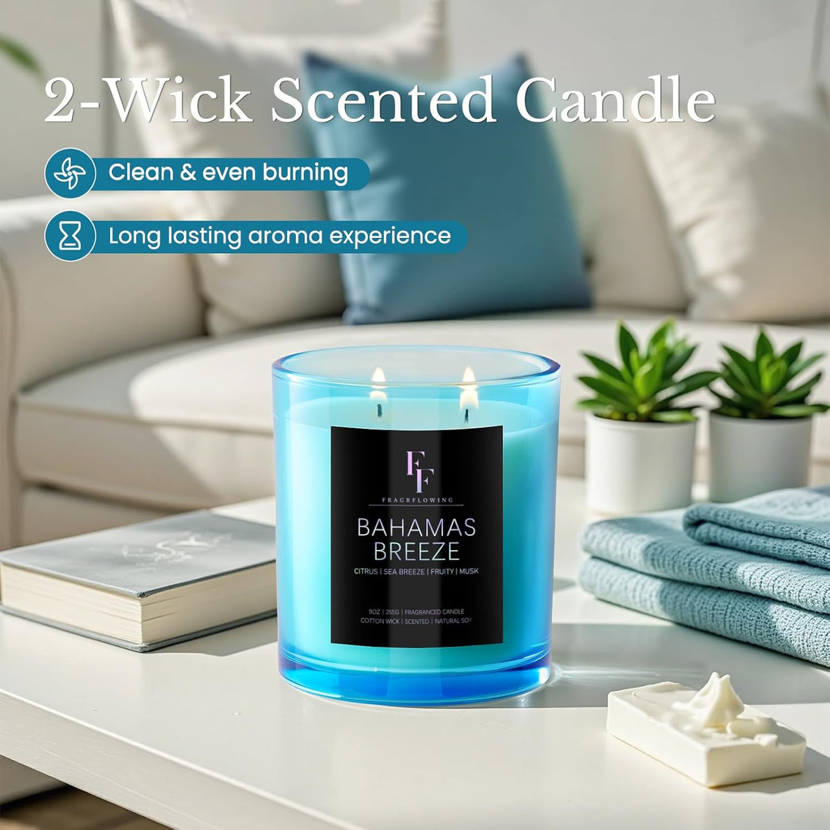 Bahamas Breeze Scented Candle, 2-Wick Luxury Soy Wax Candle, 9 oz Aromatherapy Candle Home Fragrance Candles Gift