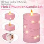 Rose Pink Flameless Candles with String Lights Battery Operated Flickering LED Pillar Candles 4‘’ 5‘’ 6‘’ Candle with Remote Control, Set of 3