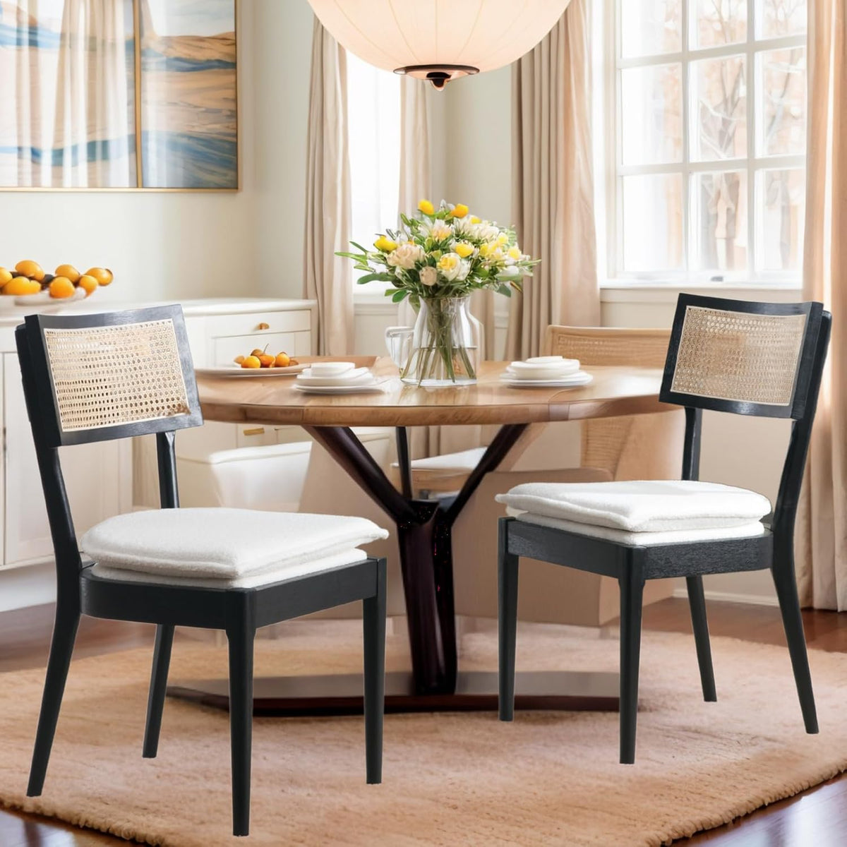 Rattan Dining Chairs Set Of 2 , Mid Century Modern Black Wooden Cane Back Chairs with Removable Sherpa Cushion , Retro Farmhouse Upholstered Kitchen & Dining Room Chairs for Restaurant Living Room