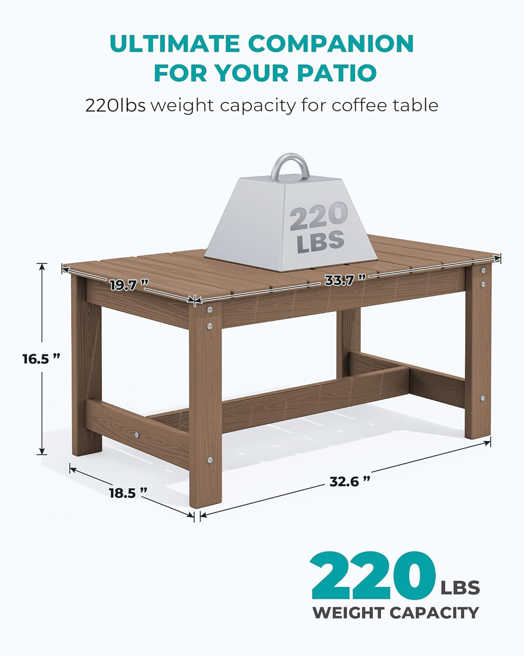 SERWALL Patio Coffee Table, HDPE Rectangle Outdoor Coffee Table, Brown