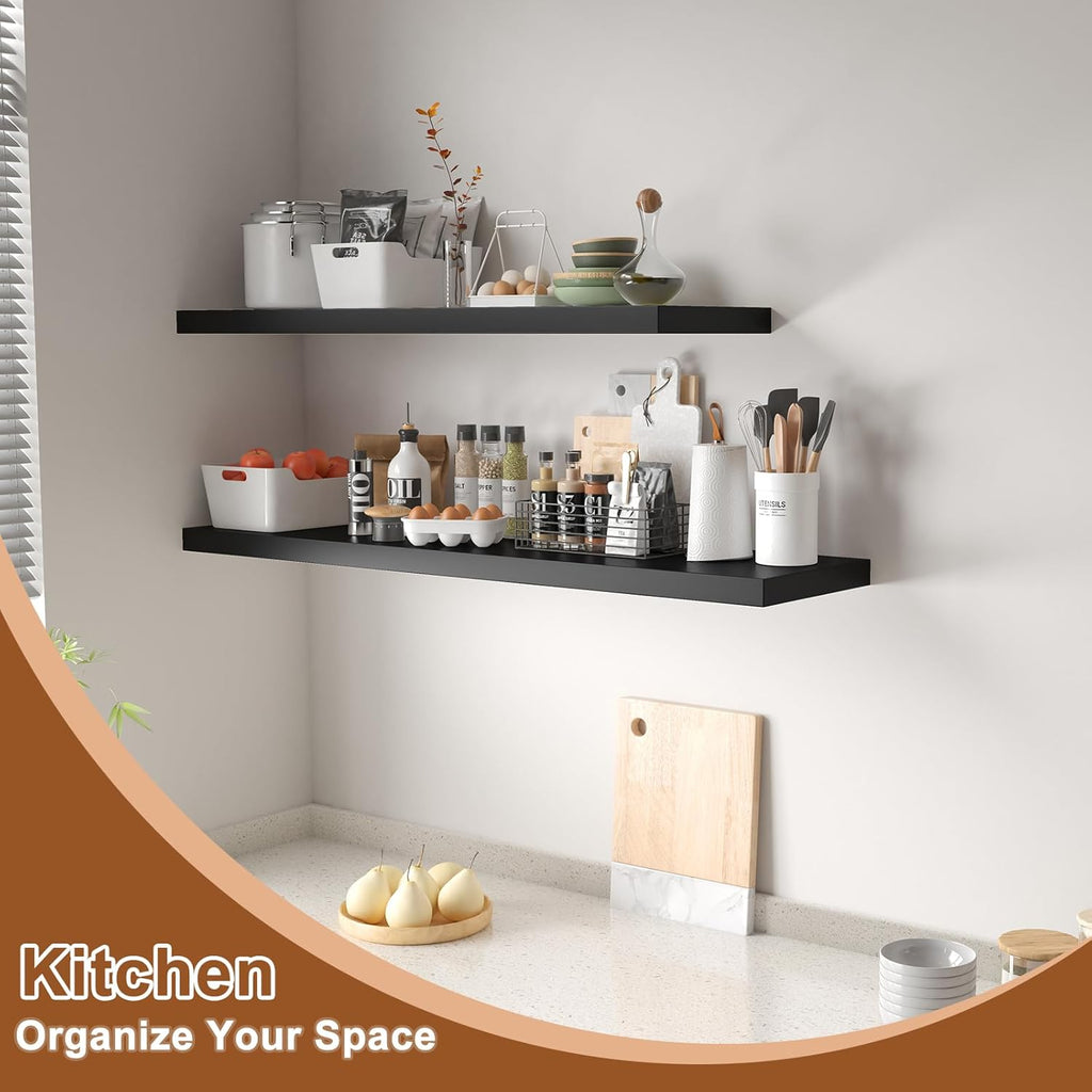 48 Inch Floating Shelf 1 Pack Large Floating Shelves for Wall No Drilling Accessories Included Deep Wall Shelves for Living Room Kitchen Farmhouse 48" W x 12" D x 1.2" Black