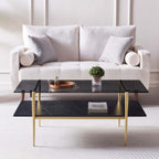Rectangle Coffee Table for Living Room, Mid-Century Modern Design, L41 x W21 x H17, 2-Tier Structure, Clear Glass Top and Black Marble Wood Shelf, Conical Metal Legs with Gold Finish
