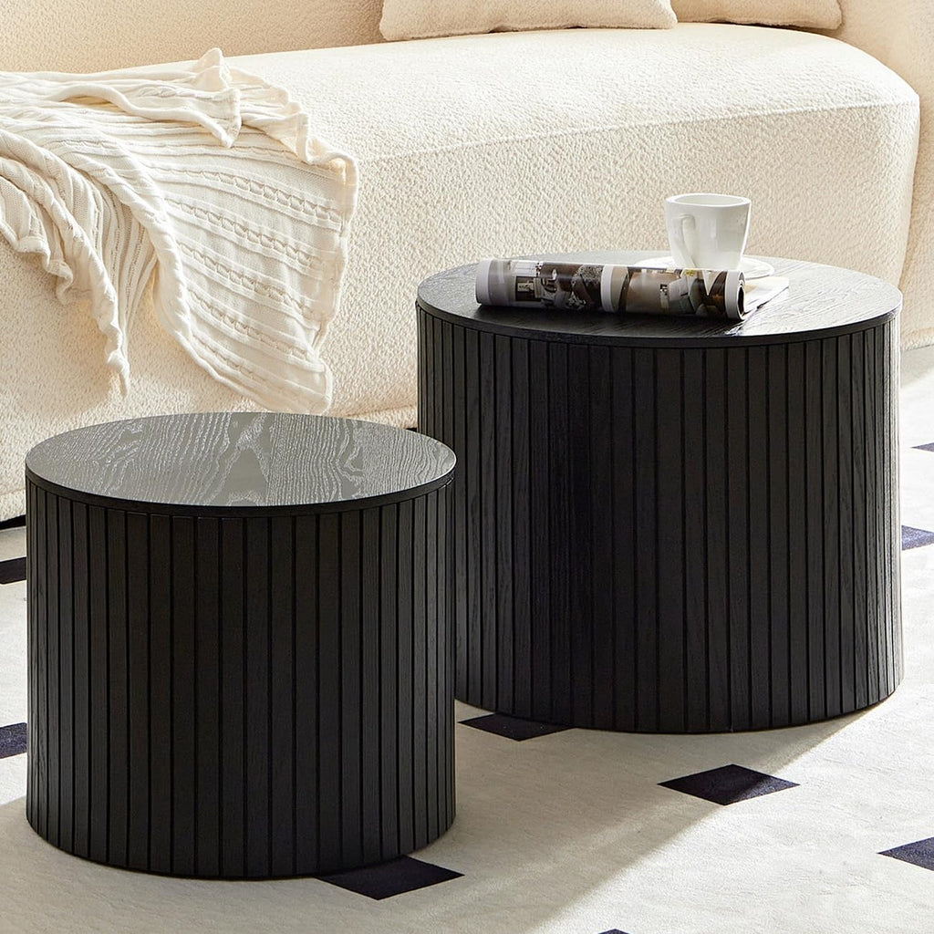 Nesting Coffee Tables Set of 2, Wooden Round Coffee Tables with Storage,Modern Circle Accent End Table Center Table for Small Spaces Living Room Bedroom Balcony Office Drum Side Table,Black