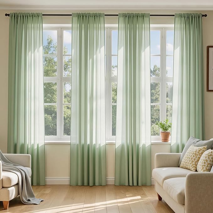 MIULEE Sage Green Sheer Curtains 90 Inches Long 4 Panels 54 x 90 Inches | Light by MIULEE