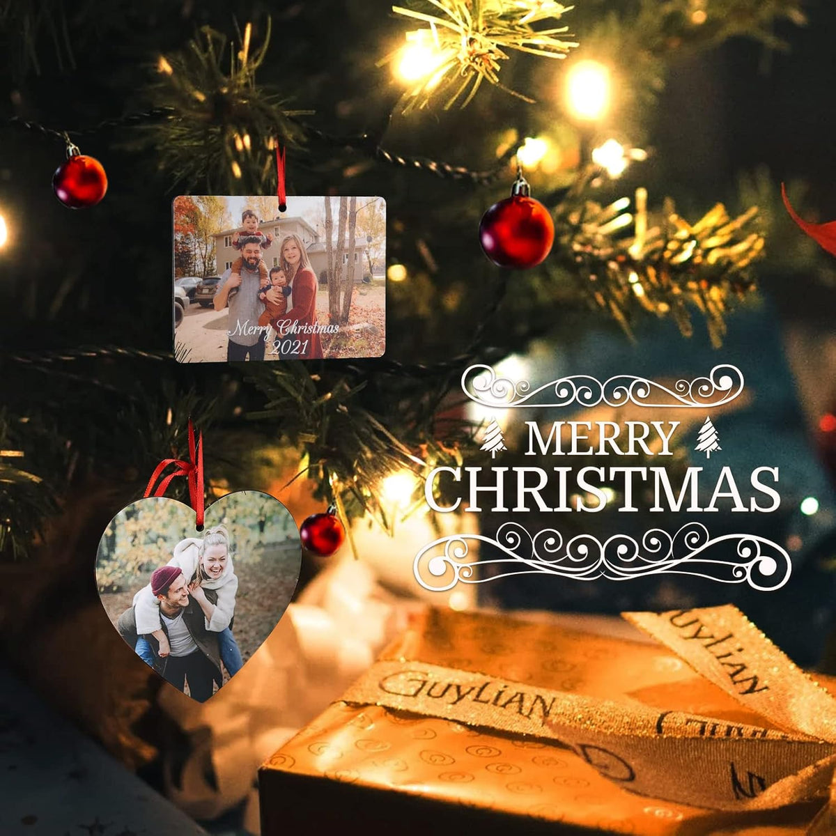 Gemszoo Personalized Picture Christmas Ornament, Custom Double Sided Photo Text Wooden Hanging Xmas Tree Keepsake Pendant Decoration Gift for Family (1, Round)
