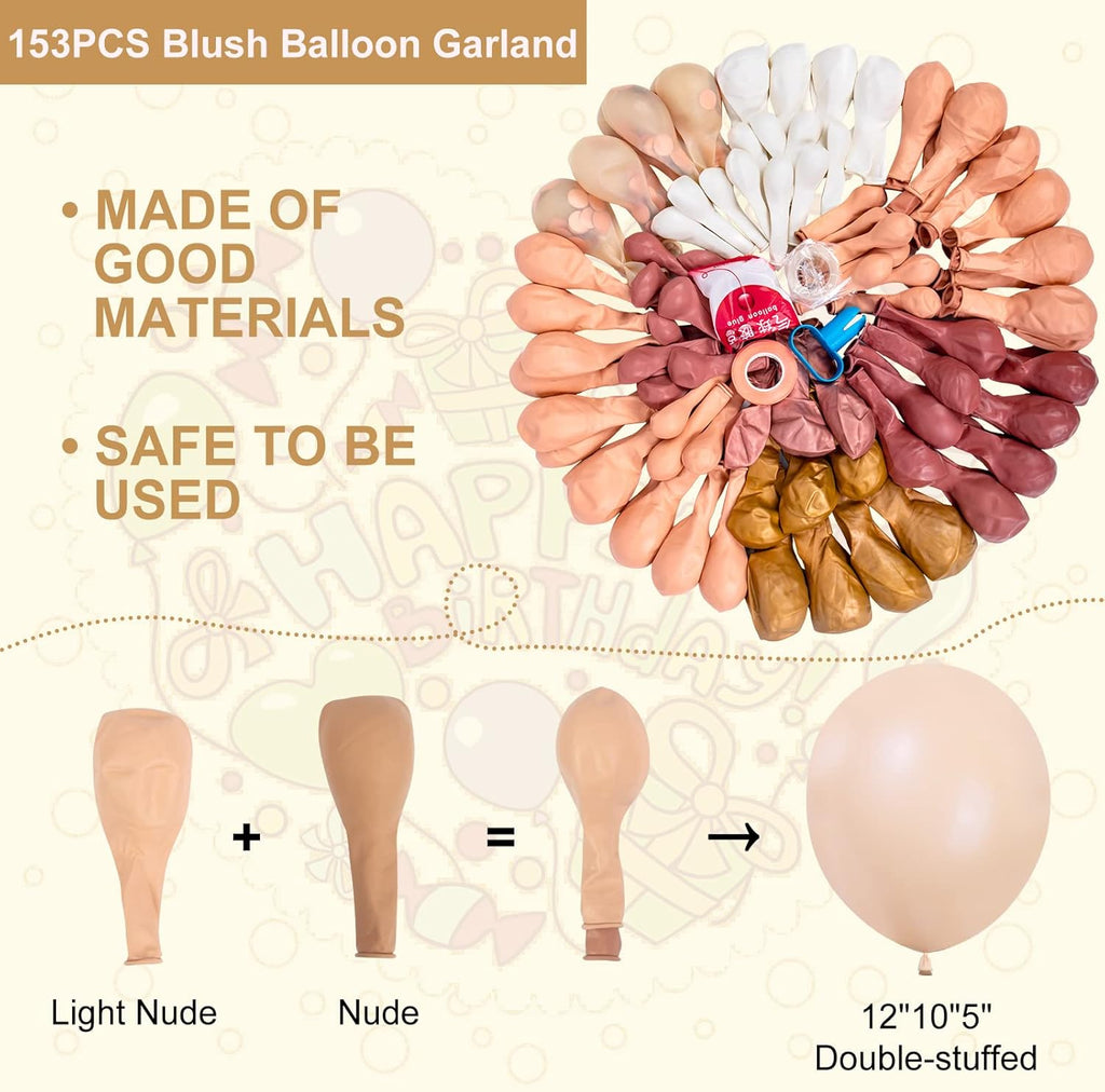 Amandir 153Pcs Boho Blush Balloon Garland Arch Kit, Double-Stuffed Nude Cream Peach Dusty Rose Pink Gold Confetti Metallic Balloon for Baby Shower Birthday Party Wedding Decorations
