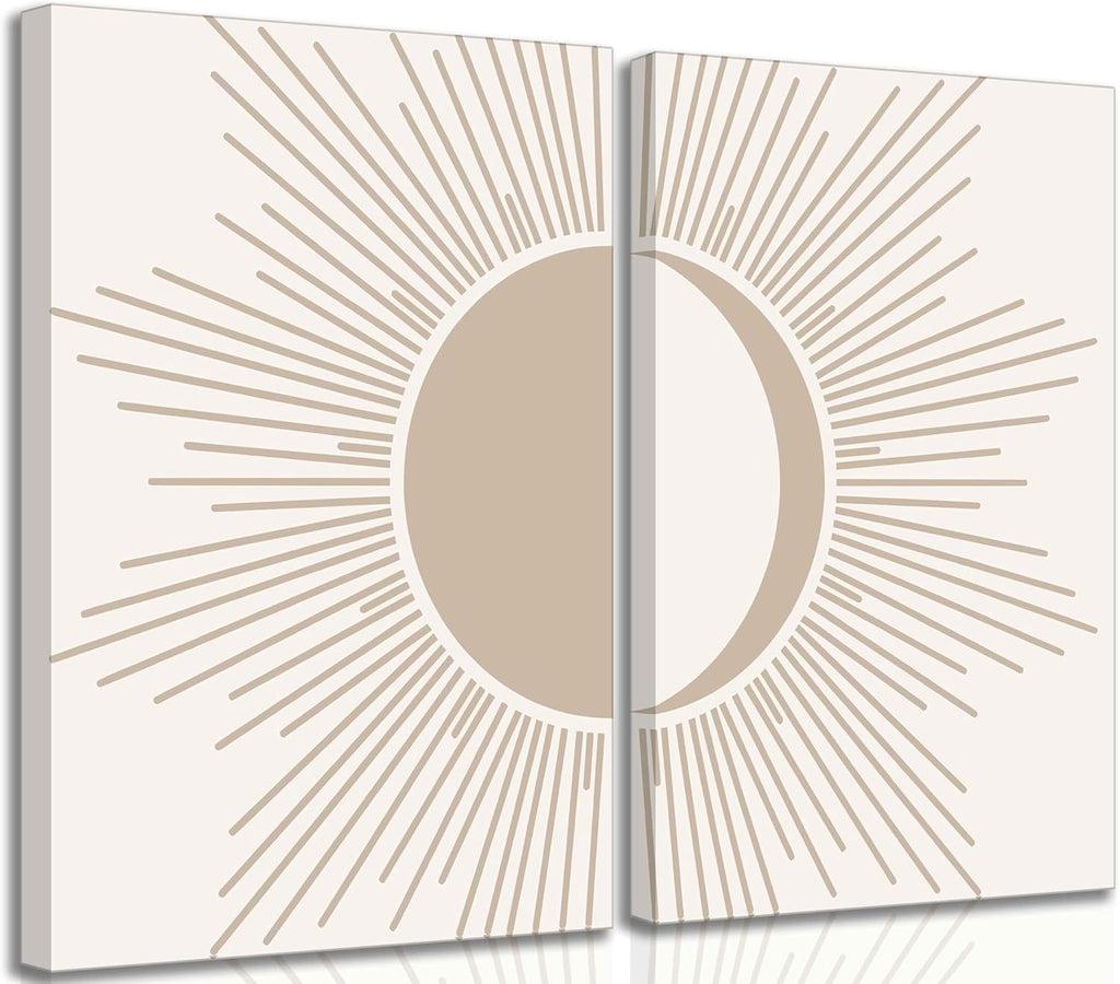 2Pcs Minimalism Boho Canvas Wall art Mid Century Modern Beige and White Sun and Moon Geometric Abstract Painting Pictures Wall Decor Posters Print Artwork for Bedroom Living Room Decoration
