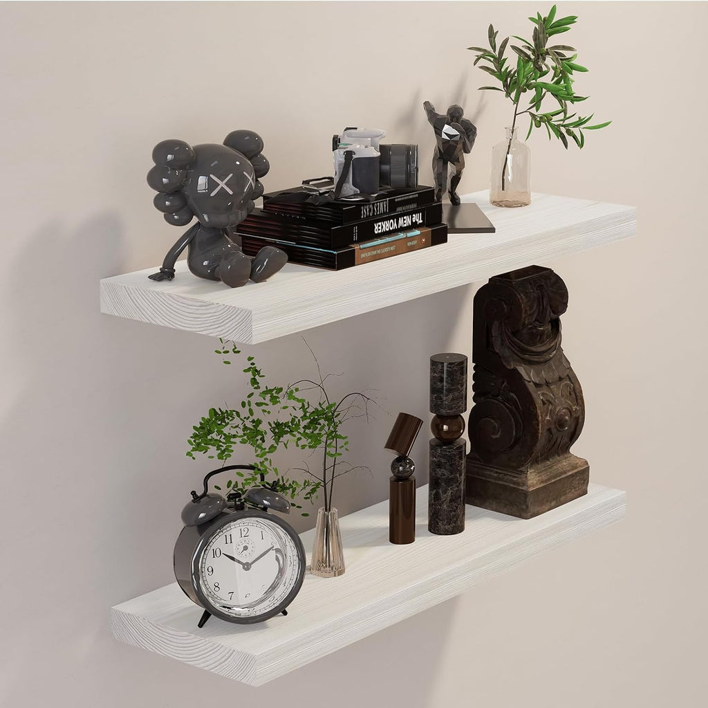 BGMG Wood Floating Shelves 24 inch Long,Rustic Solid Wooden Deep Wall Shelves for Bathroom Living Room Bedroom Kitchen Farmhouse Set of 2-24x6.7x1.25 inch-White