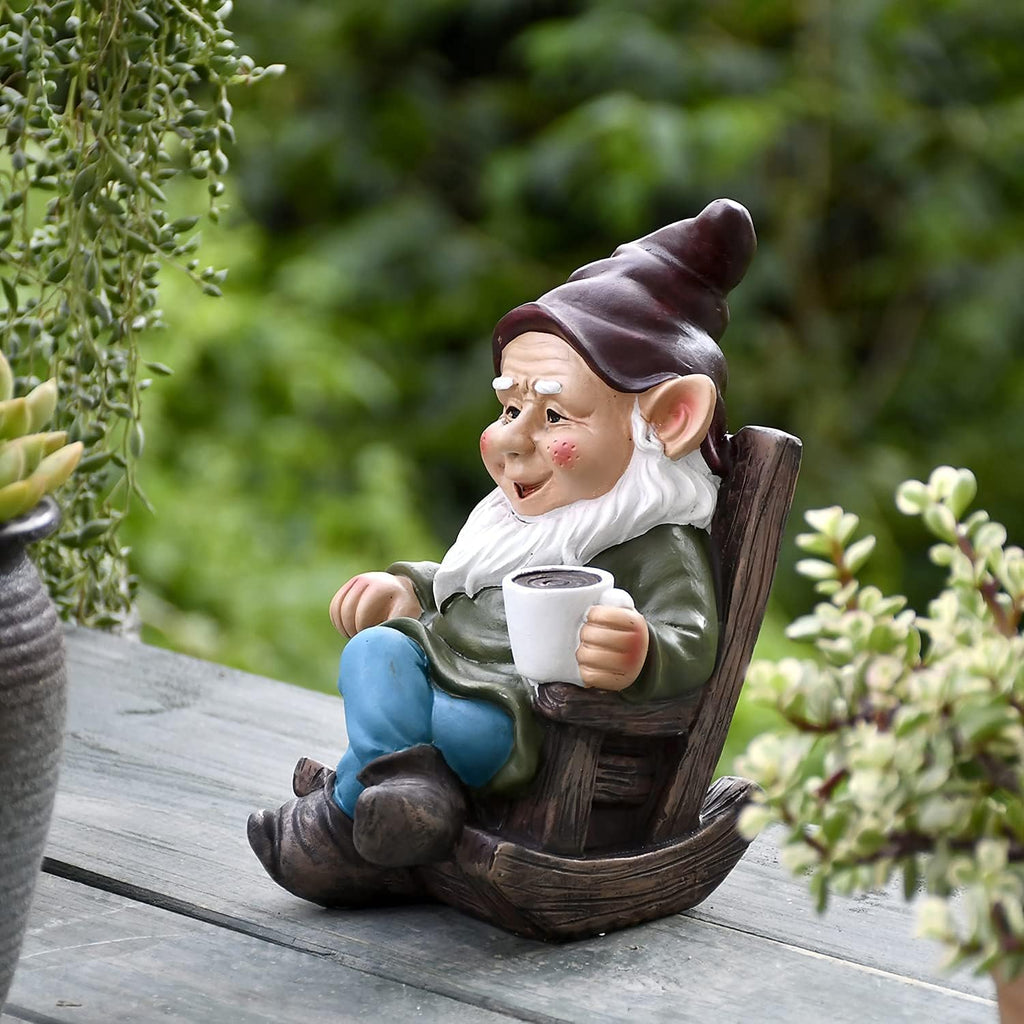 OwMell Drinking Coffee Garden Gnome Statue Decoration 7.3" Figurine Ornament for Indoor Outdoor Home Patio Yard Lawn - Coffee