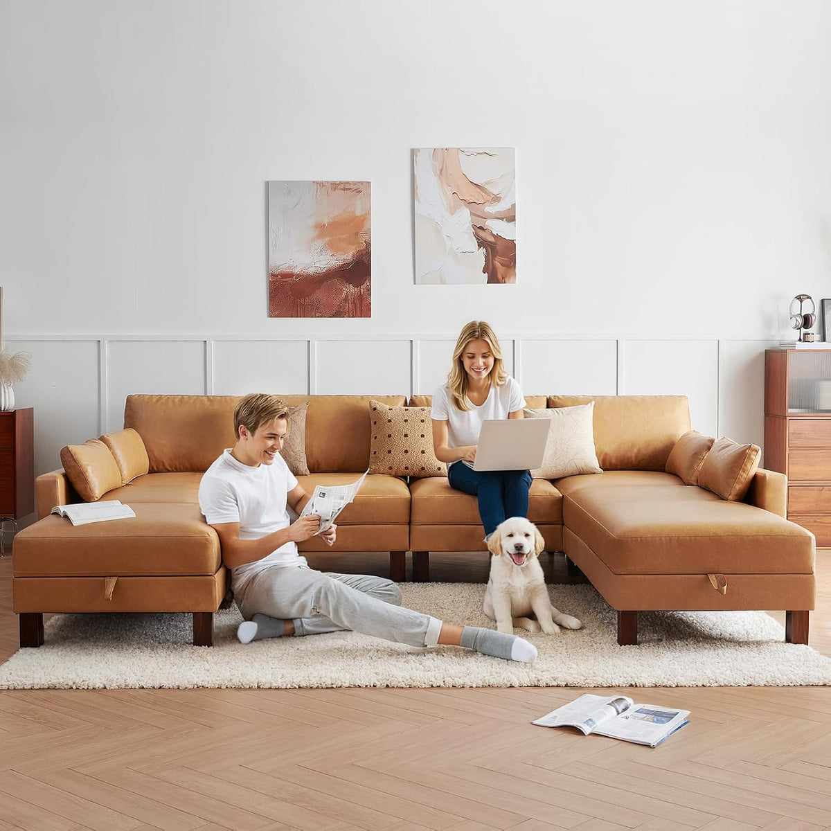 128'' Sleeper Couch, Large Sofa Bed with Storage, Faux Leather 8 Seater Sofa, Mid Century Modern Couch Sofa for Living Room, Guest Room, House, Apartment, Office, Loft, Tan