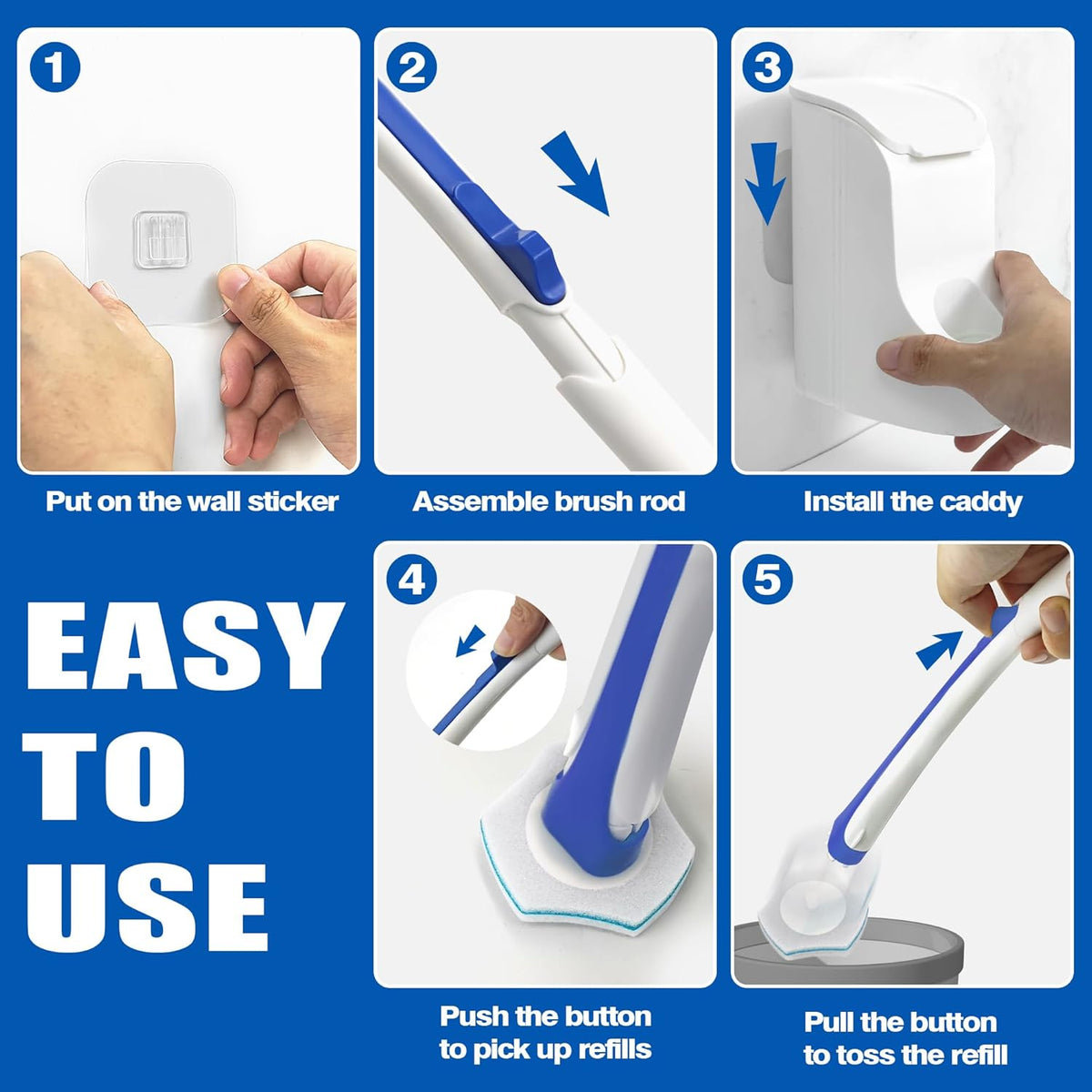 JEHONN Disposable Toilet Brush with 48 Wand Cleaner Refills, Wall Mounted Toilet Bowl Brush Holder Set, Bathroom Cleaning System for Sink Bathtub Wash Basin (Blue)