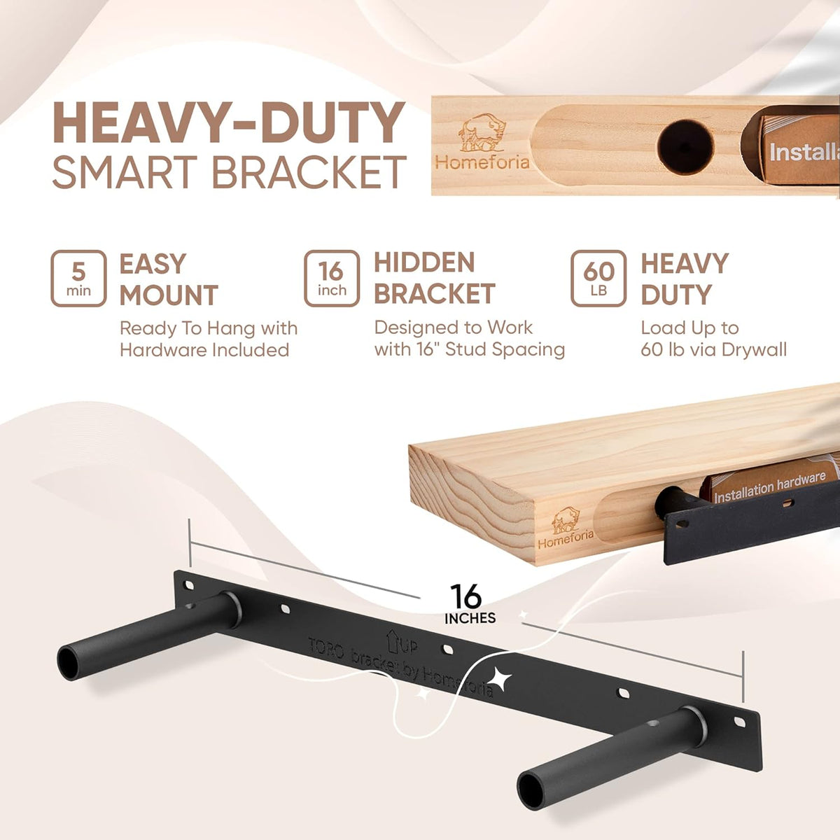 Homeforia 24 inch Natural Floating Shelf, High End Solid Real Wood 24inch Small Floating Shelves for Wall Mounted, Natural Wooden Floating Shelves, Heavy Duty Bracket, 24 X 6.5 X 1.75 in, Set of 4