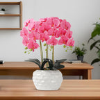 Orchid Artificial Flowers with White Vase Large Silk Faux Phalaenopsis Flowers for Dining Room Table Floral Centerpieces Indoor Decoration,Fuchsia