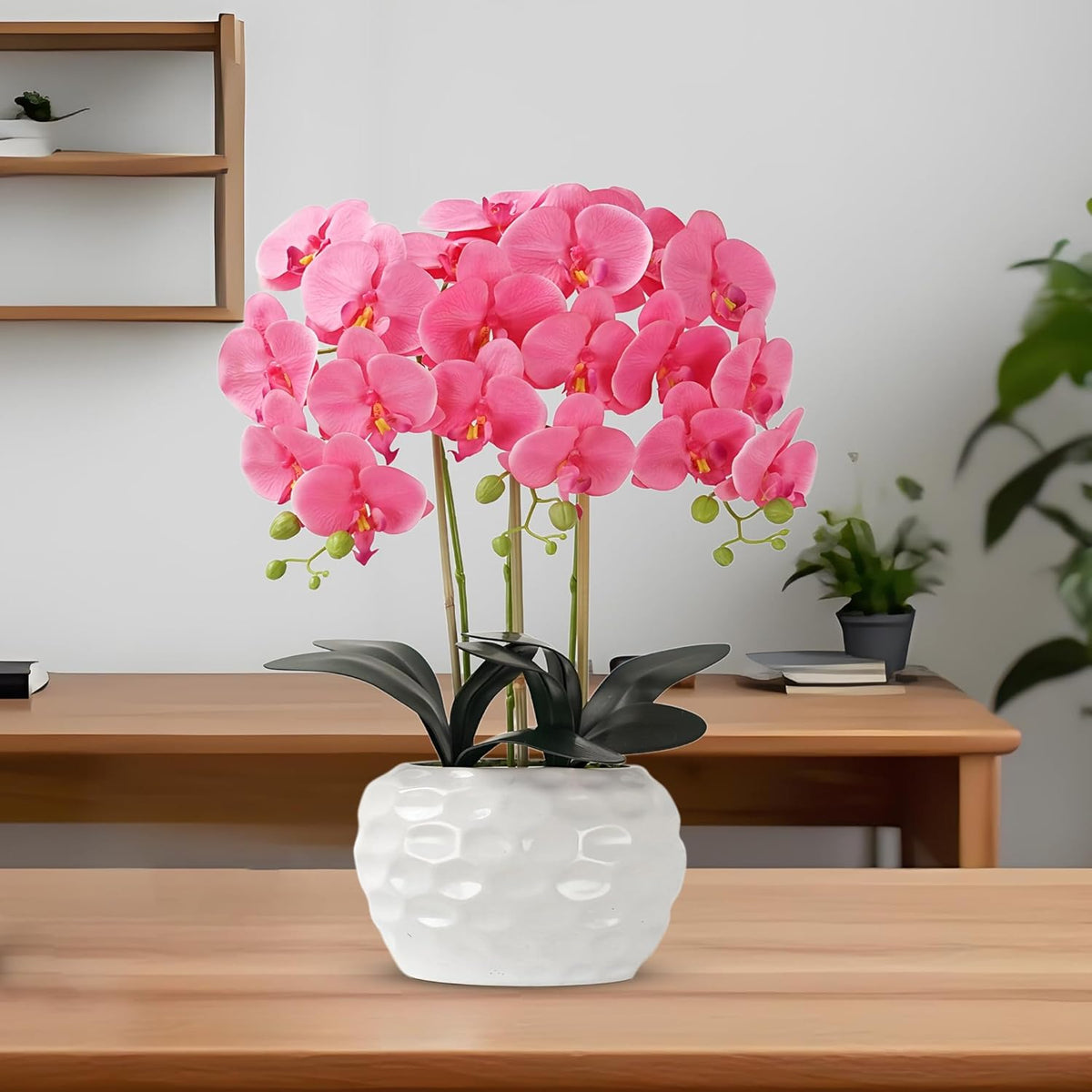 Orchid Artificial Flowers with White Vase Large Silk Faux Phalaenopsis Flowers for Dining Room Table Floral Centerpieces Indoor Decoration,Fuchsia