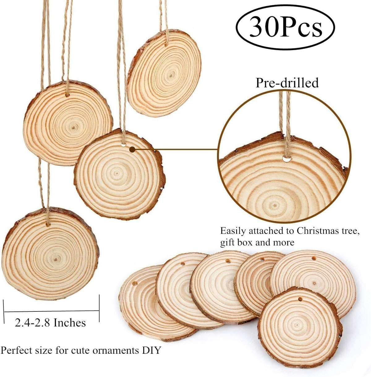 30 Pieces 2.4"-2.8" Natural Wooden Slices, Colovis Unfinished Wood Circles with Holes Tree Bark Round Log Discs DIY Crafts Hanging Ornaments (2.4"-2.8" 30Pcs, Natural)