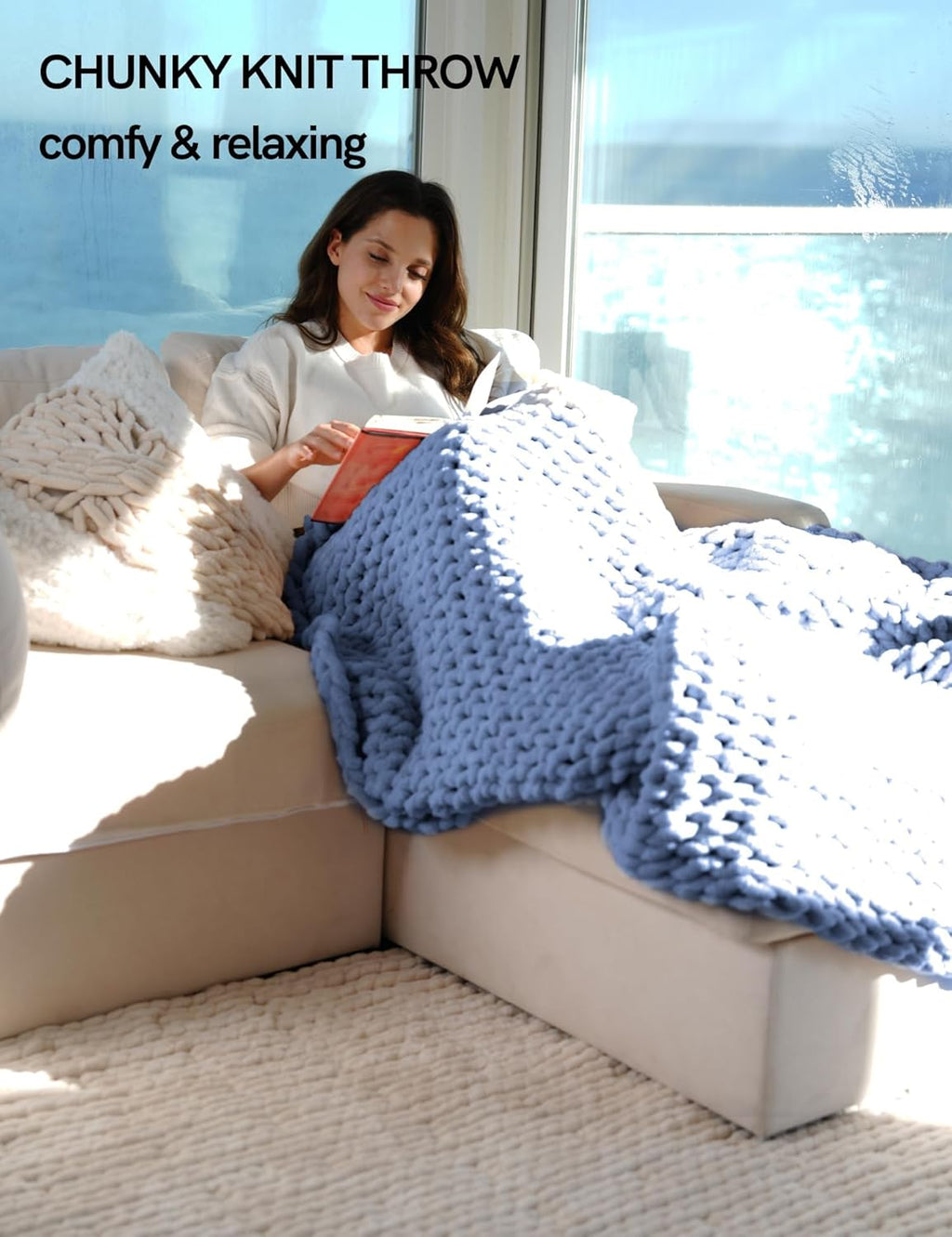 YnM Chunky Throw Blanket, Medium-Weight, Hand Knitted with Chenille Yarn, Skin Friendly, Ventilated and Breathable, Machine Washable, Home Décor Piece for Couch Sofa and Bed (Chambray Blue 80x87 Inch)