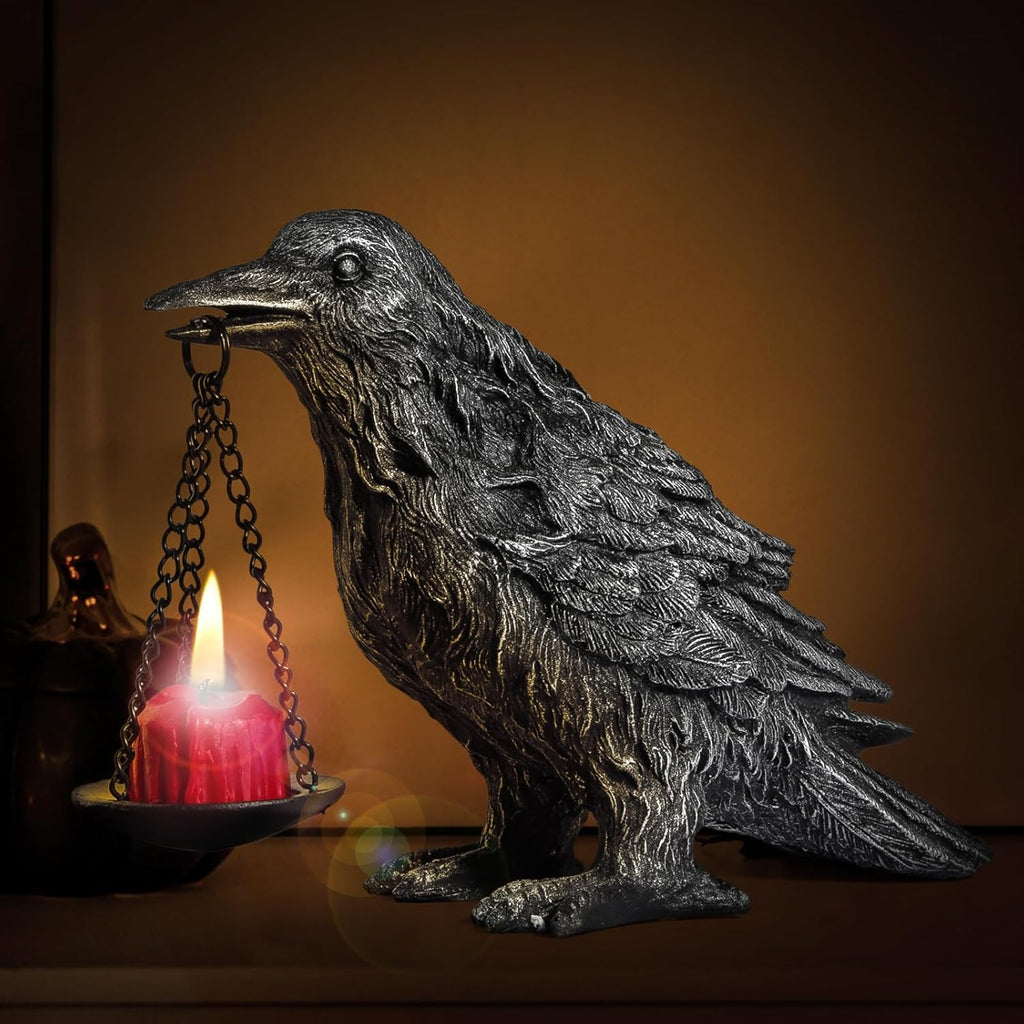 Gothic Home Decor Fake Crow Light Holder Raven Lamp Tealight Candle Holder Resin Statue Half Silver